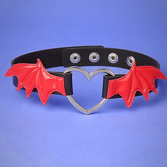 Adorable vegan faux leather Bat wing choker adjustable Festival Rave Red Wings - Picture 2 of 3